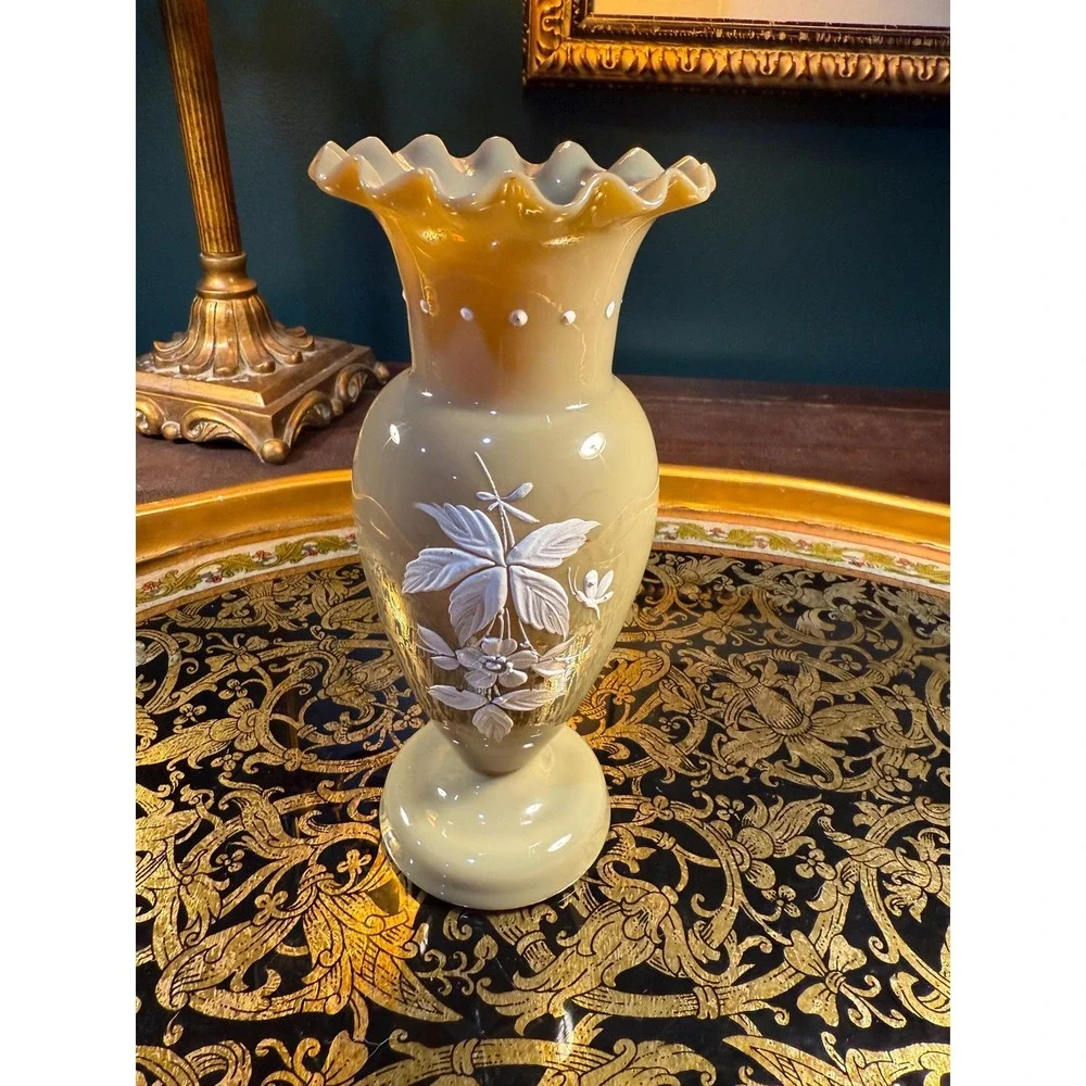 Vintage Hand-Painted Floral Glass Vase:‎ Tan Bristol Style, 7.5